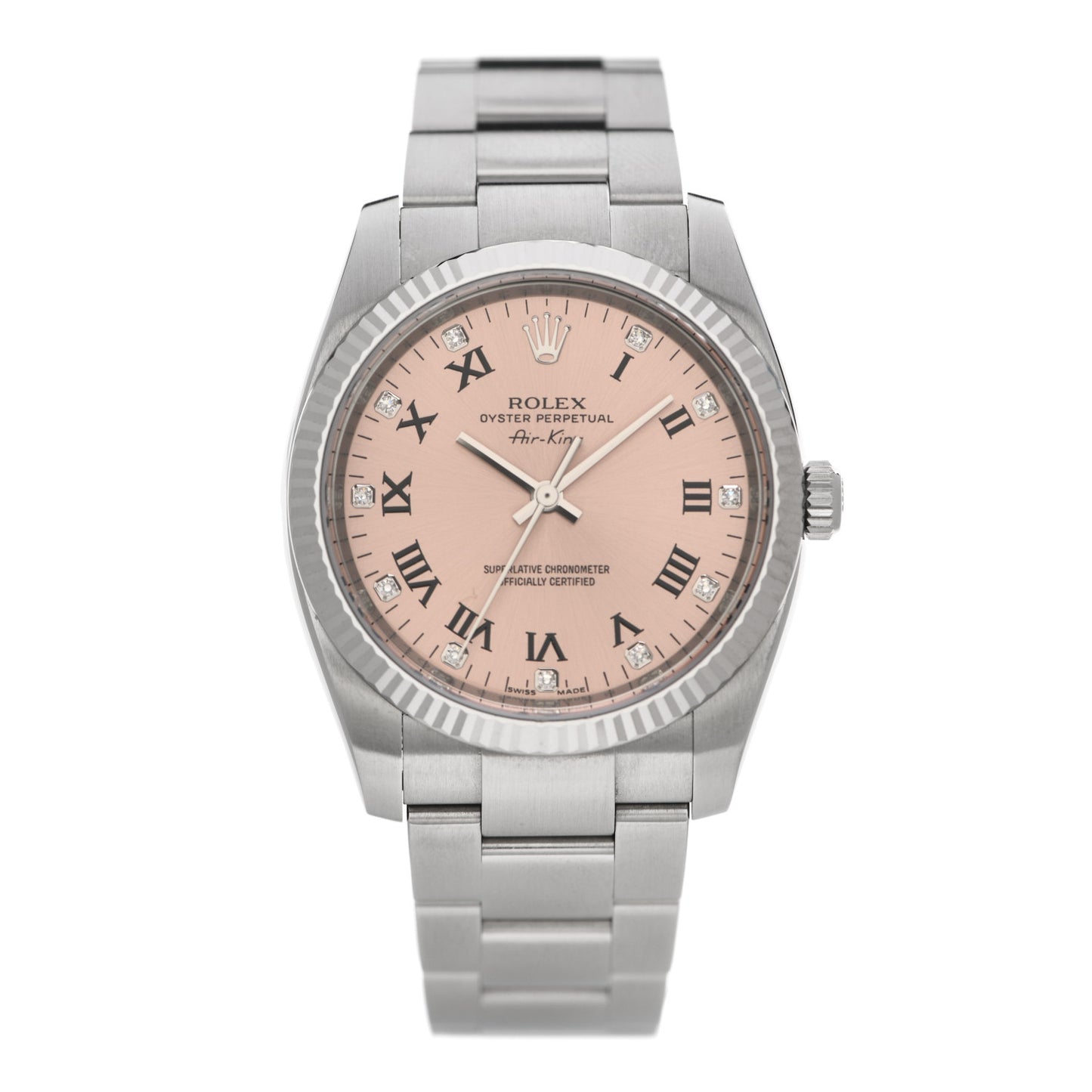 Stainless Steel 18K White Gold Diamond 34mm Air-King Oyster Perpetual Watch Pink 114234