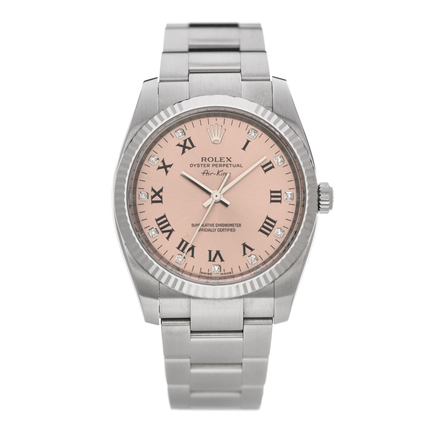 Rolex Stainless Steel 18K White Gold Diamond 34mm Air-King Oyster Perpetual Watch Pink 114234 1 of 5