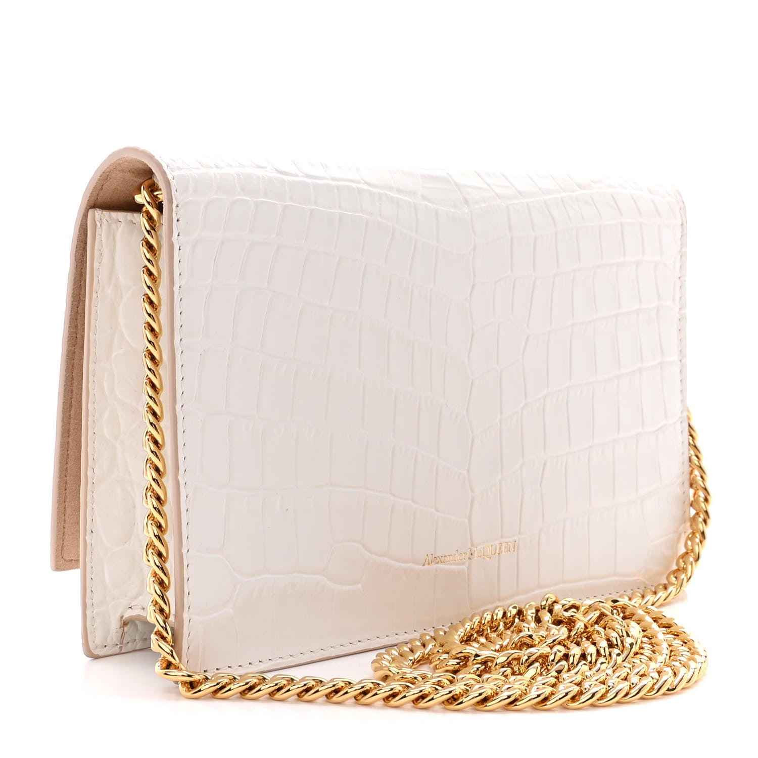 Alexander McQueen Calfskin Crocodile Embossed Skull Mini Crossbody Bag White 3 of 10