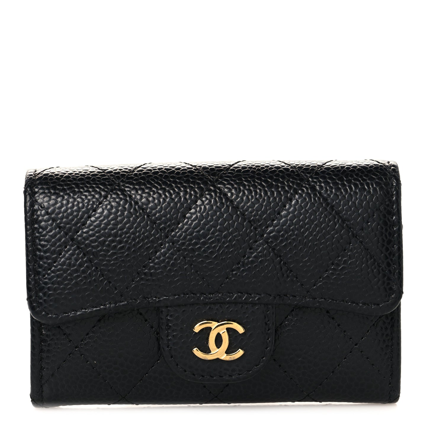 Caviar Quilted Flap Card Holder Wallet Black