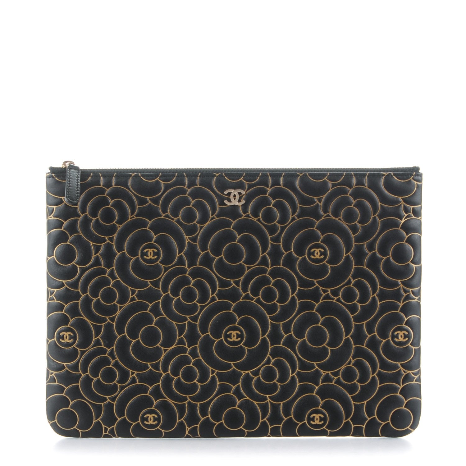 Chanel Lambskin Camellia Embossed Medium Cosmetic Case Black Gold 1 of 7