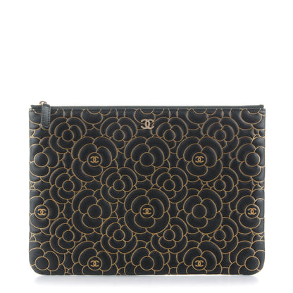 Chanel Lambskin Camellia Embossed Medium Cosmetic Case Black Gold 1 of 7