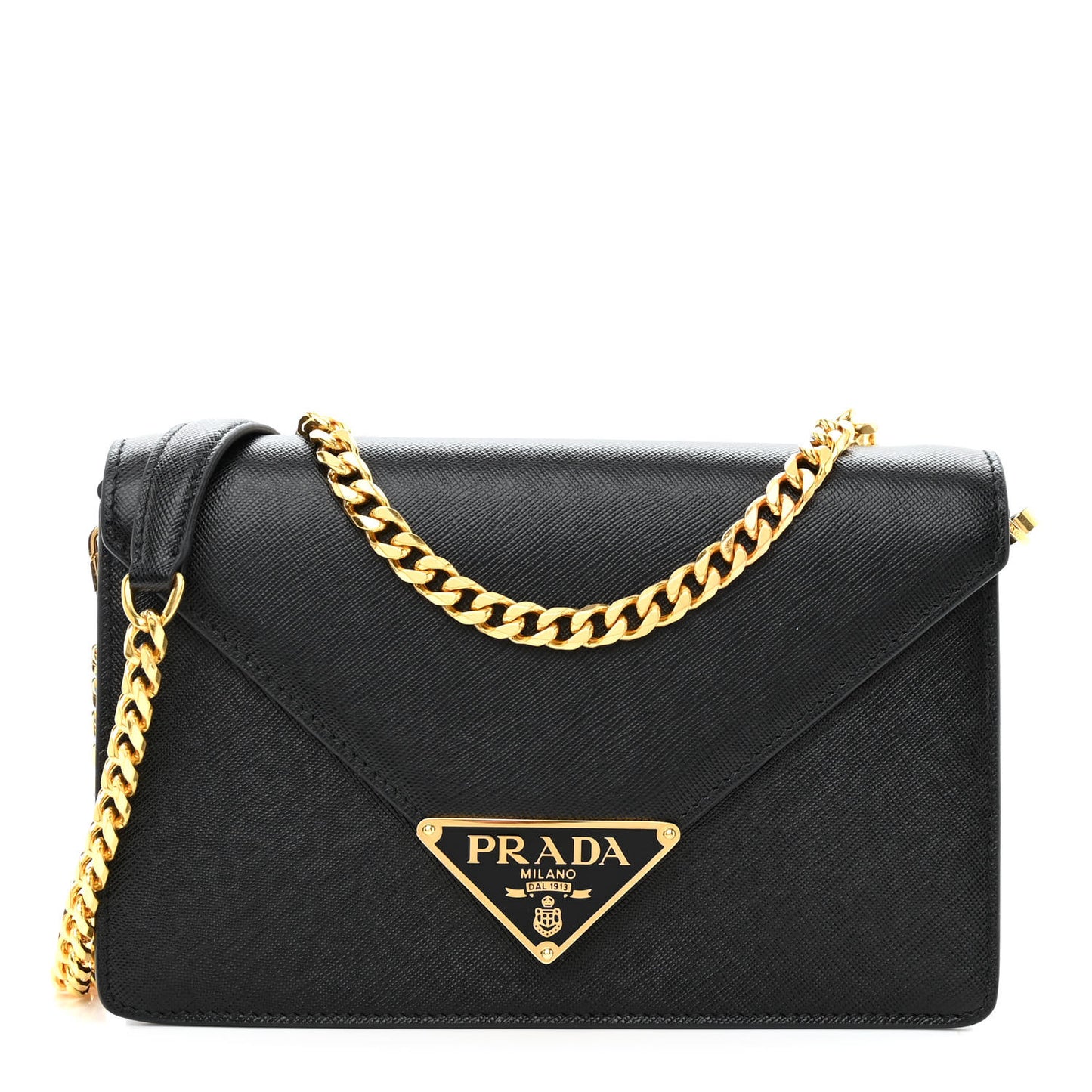 Saffiano Lux Metal Triangle Logo Mini Envelope Chain Shoulder Bag Black