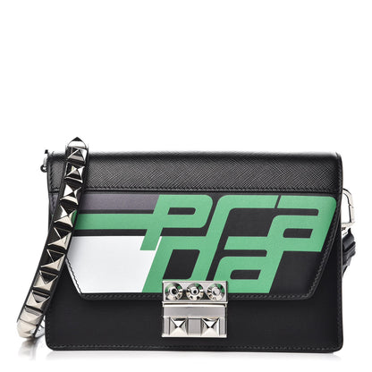 Prada City Calfskin Saffiano Racing Logo Elektra Shoulder Bag Black Verde 1 of 6
