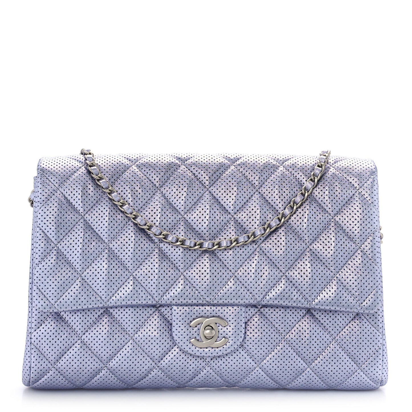 Metallic Perforated Lambskin Quilted Clutch With Chain Flap Silver