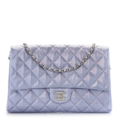 Chanel Metallic Perforated Lambskin Quilted Clutch With Chain Flap Silver 1 of 10