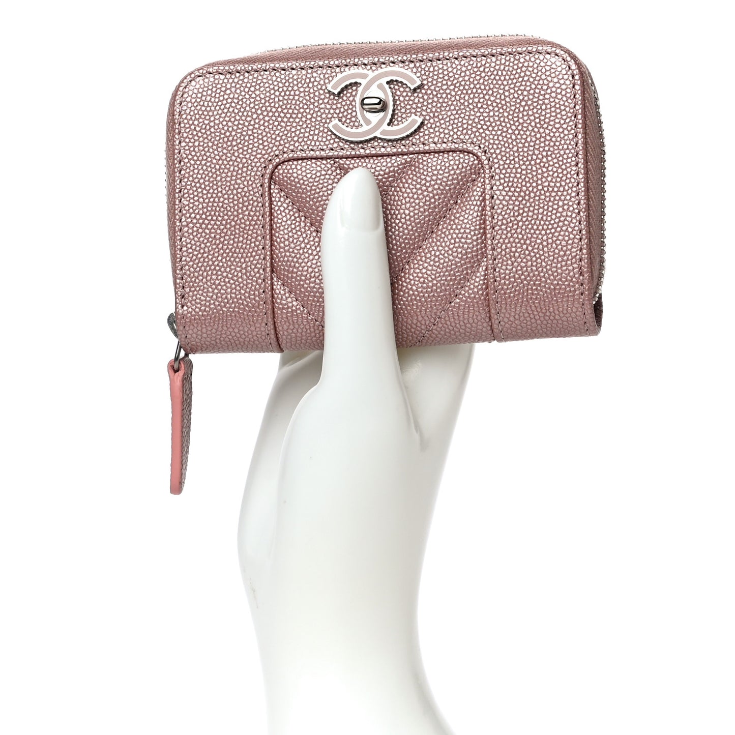 Metallic Caviar Chevron Quilted Vintage Mademoiselle Zip Coin Purse Pink