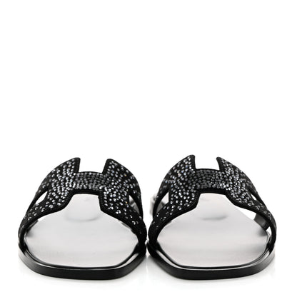 Hermes Suede Goatskin Studded Oran Sandals 37.5 Black 2 of 9