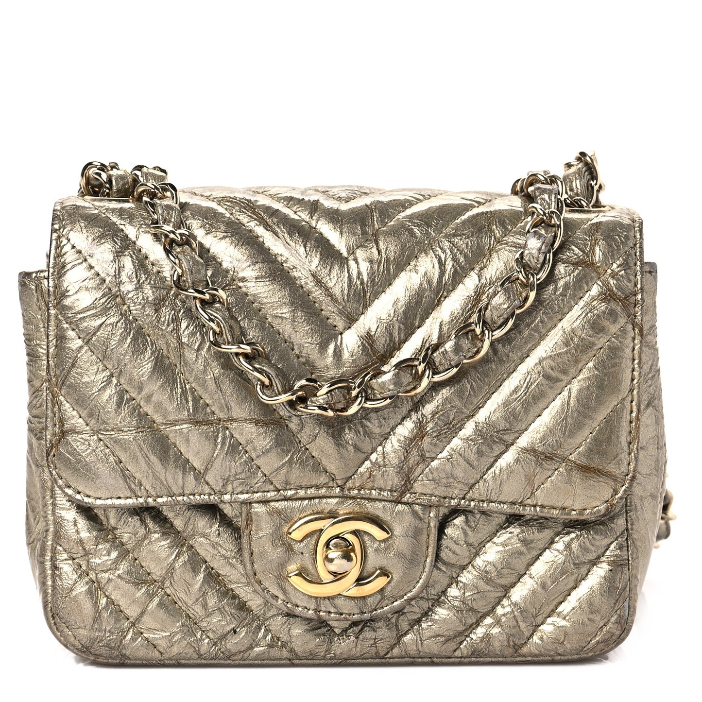 Patent Metallic Crumpled Calfskin Chevron Quilted Mini Square Flap Gold