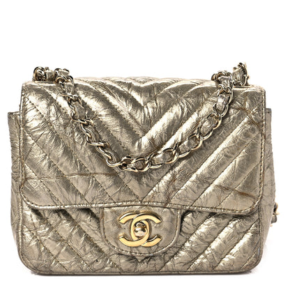 Chanel Patent Metallic Crumpled Calfskin Chevron Quilted Mini Square Flap Gold 1 of 8