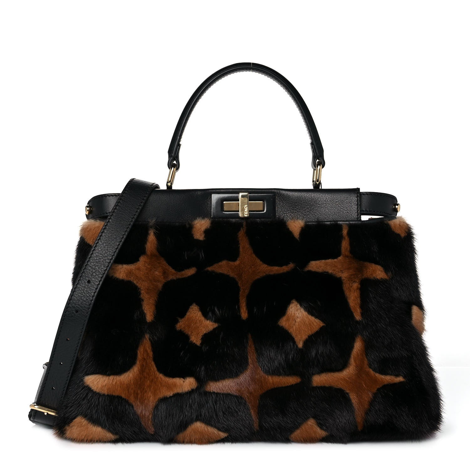 Fendi Mink Velvet Vitello Seta Inlaid Medium Peekaboo Iconic Satchel Tobacco Moro Black 1 of 8