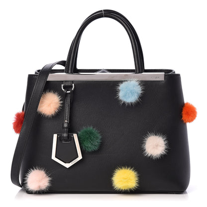 Fendi Vitello Dolce Mink Fur Pom Pom Petite 2Jours Tote Black Multicolor 1 of 12
