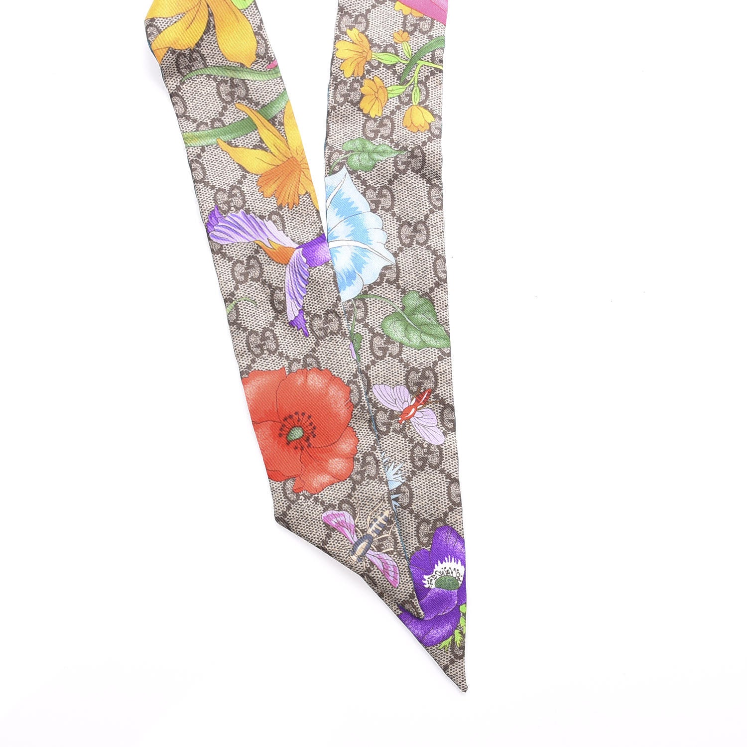 Gucci Silk Twill GG Monogram Special Flory Neck Bow Scarf Beige Sky Blue 3 of 3