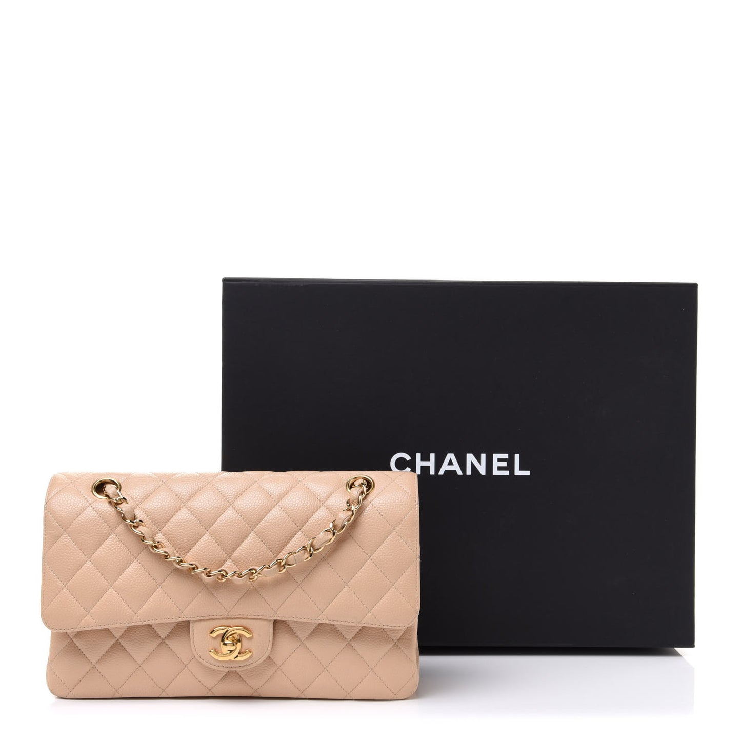 Caviar Quilted Medium Double Flap Beige