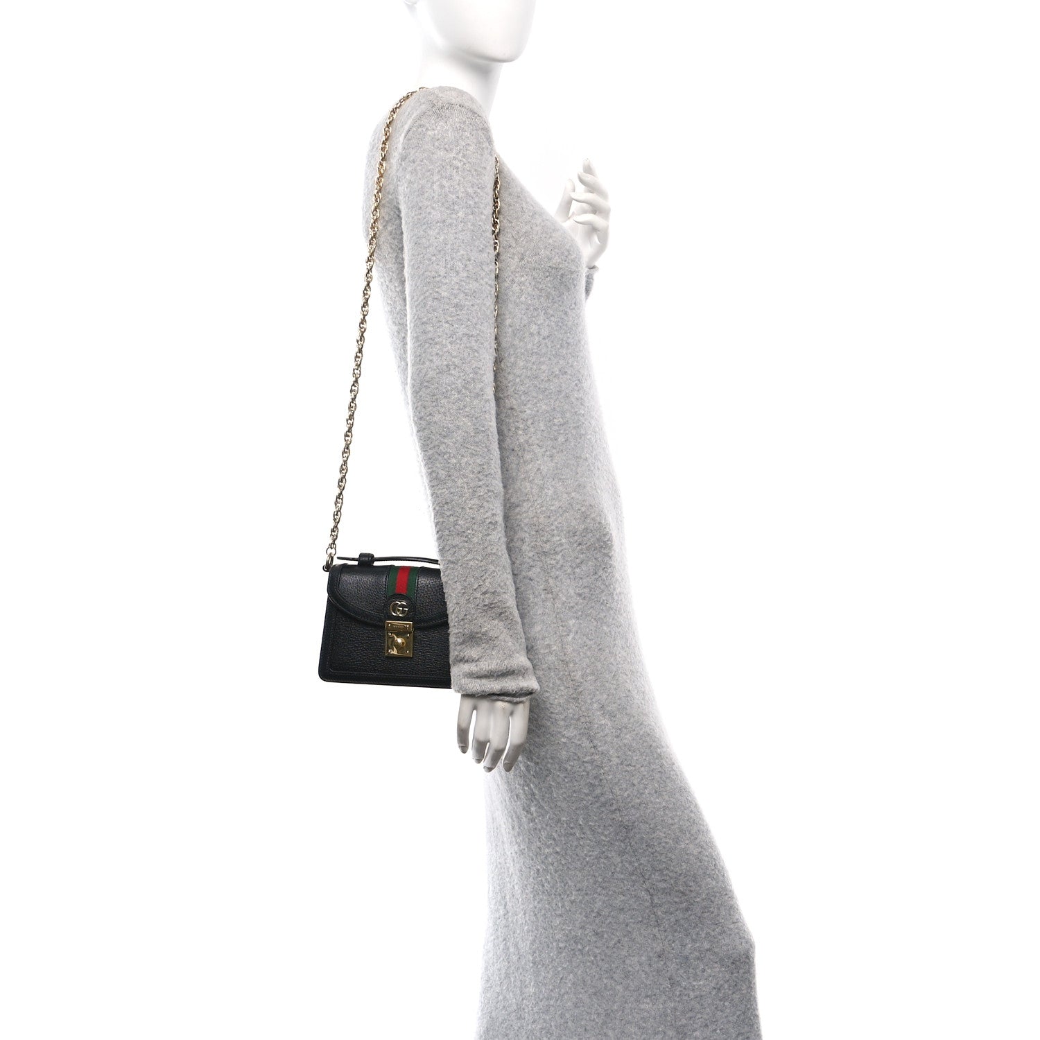 Gucci Textured Dollar Calfskin Web Mini Ophidia Padlock Top Handle Chain Shoulder Bag Black 2 of 10