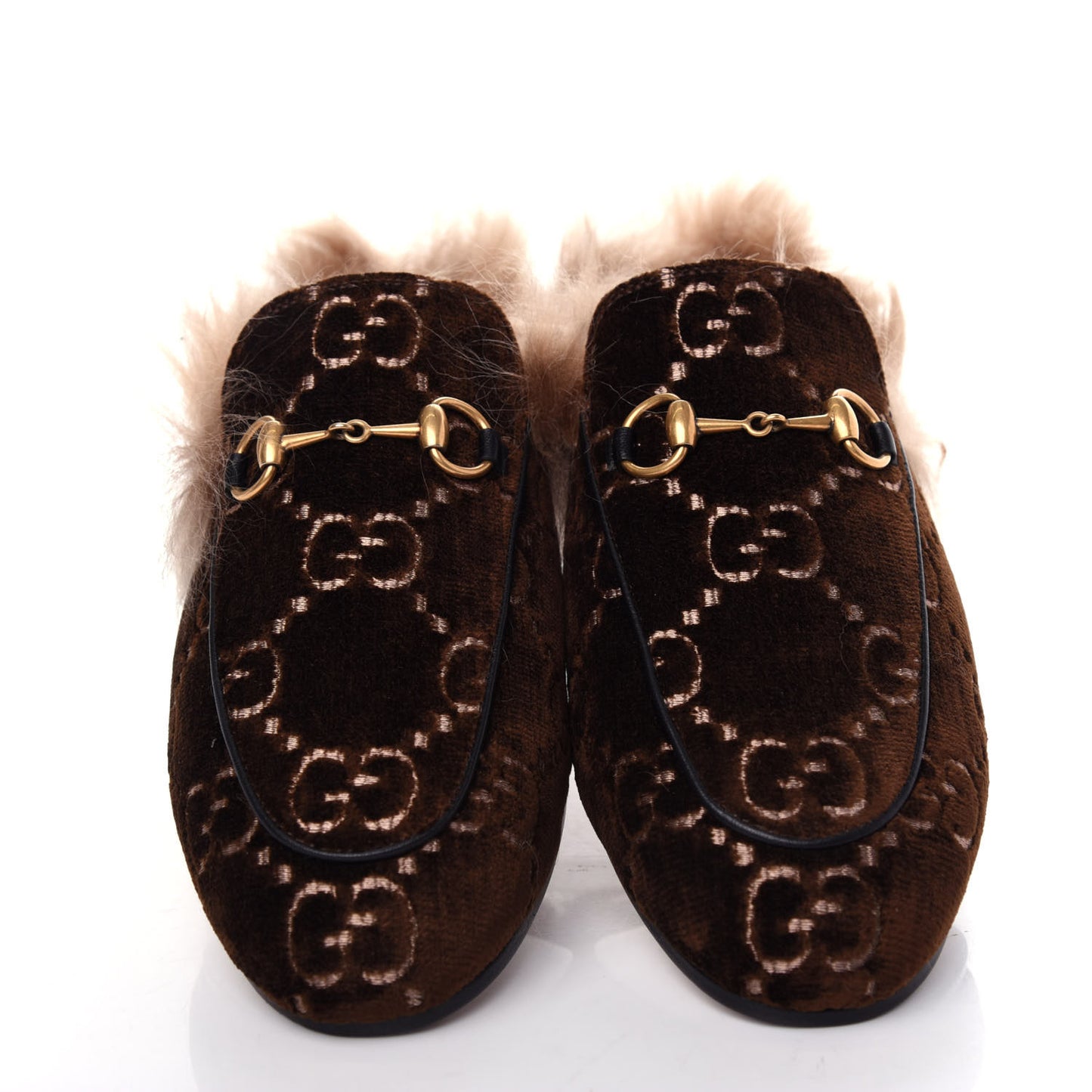 Velvet GG Monogram Fur Womens Princetown Slippers 37.5 Brown Black Natural