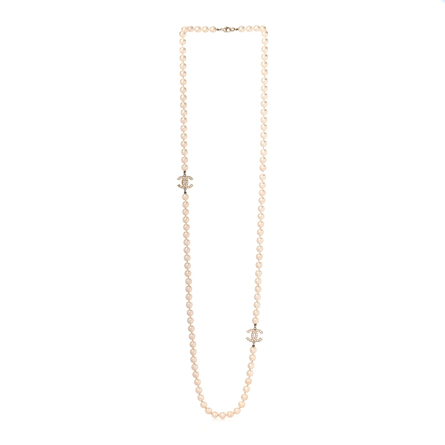 Chanel Crystal Pearl CC Long Necklace Gold 2 of 3