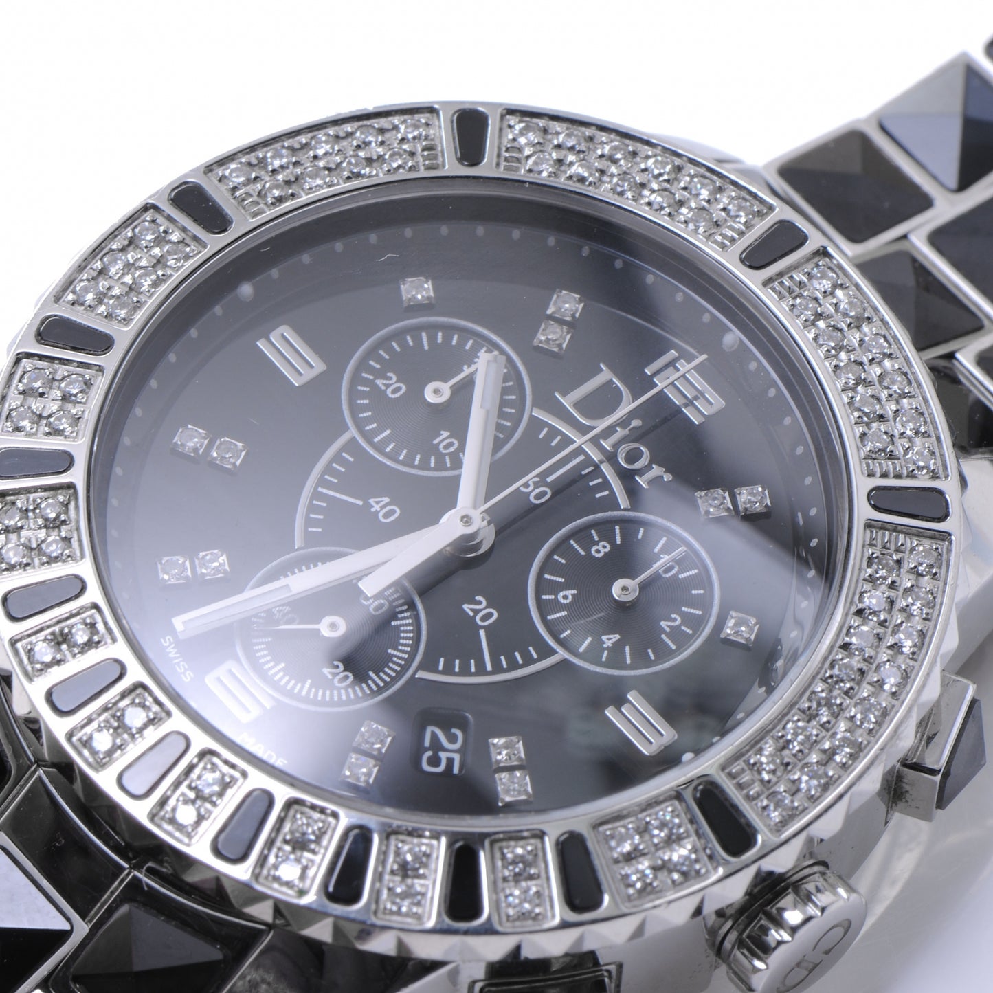 Stainless Steel Diamond Sapphire 33mm Christal Chronograph Quartz Watch Black