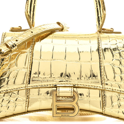 Balenciaga Metallic Calfskin Crocodile Embossed Hourglass Top Handle Bag XS Gold 8 of 12