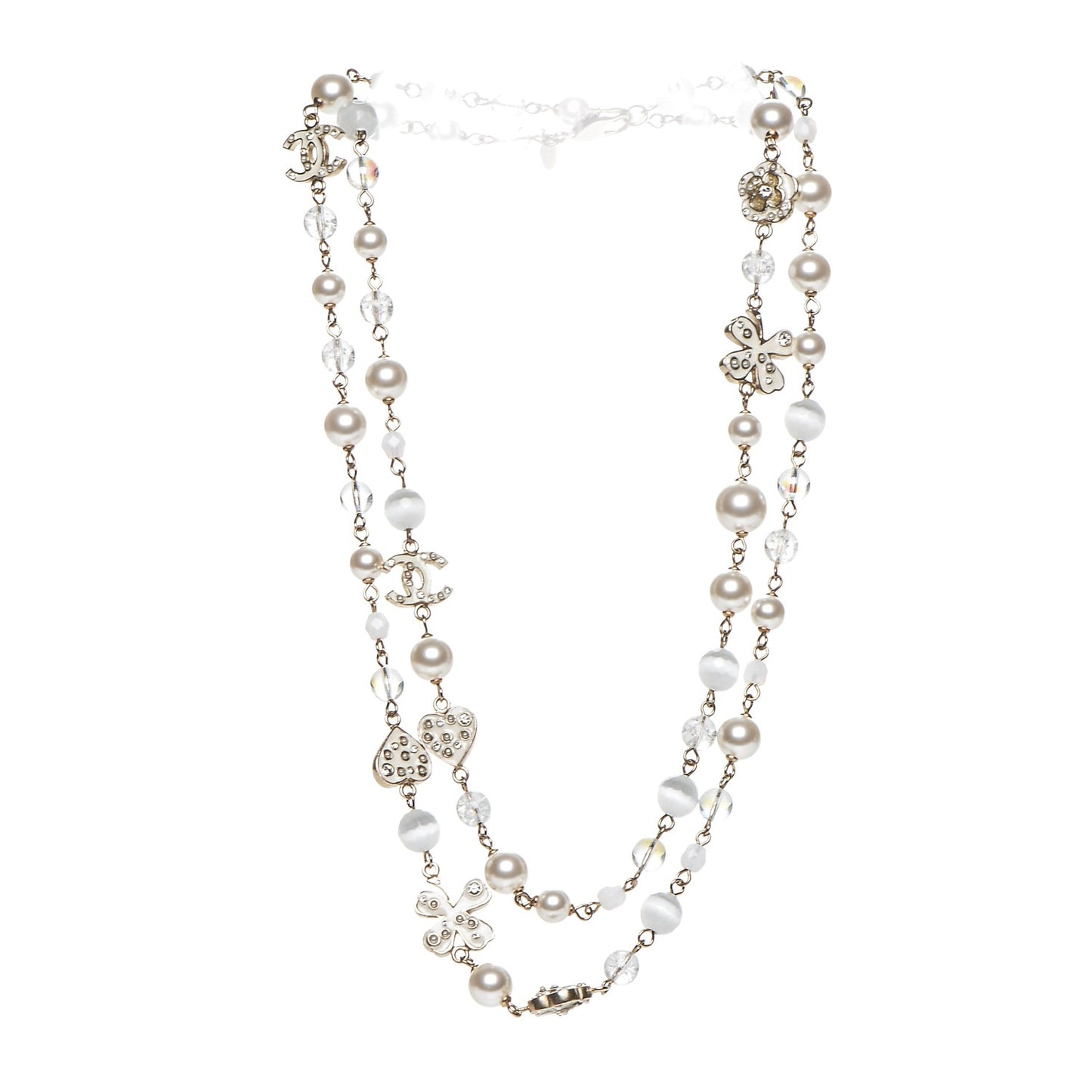 Pearl Crystal CC Beaded Lucky Charms Long Necklace Silver