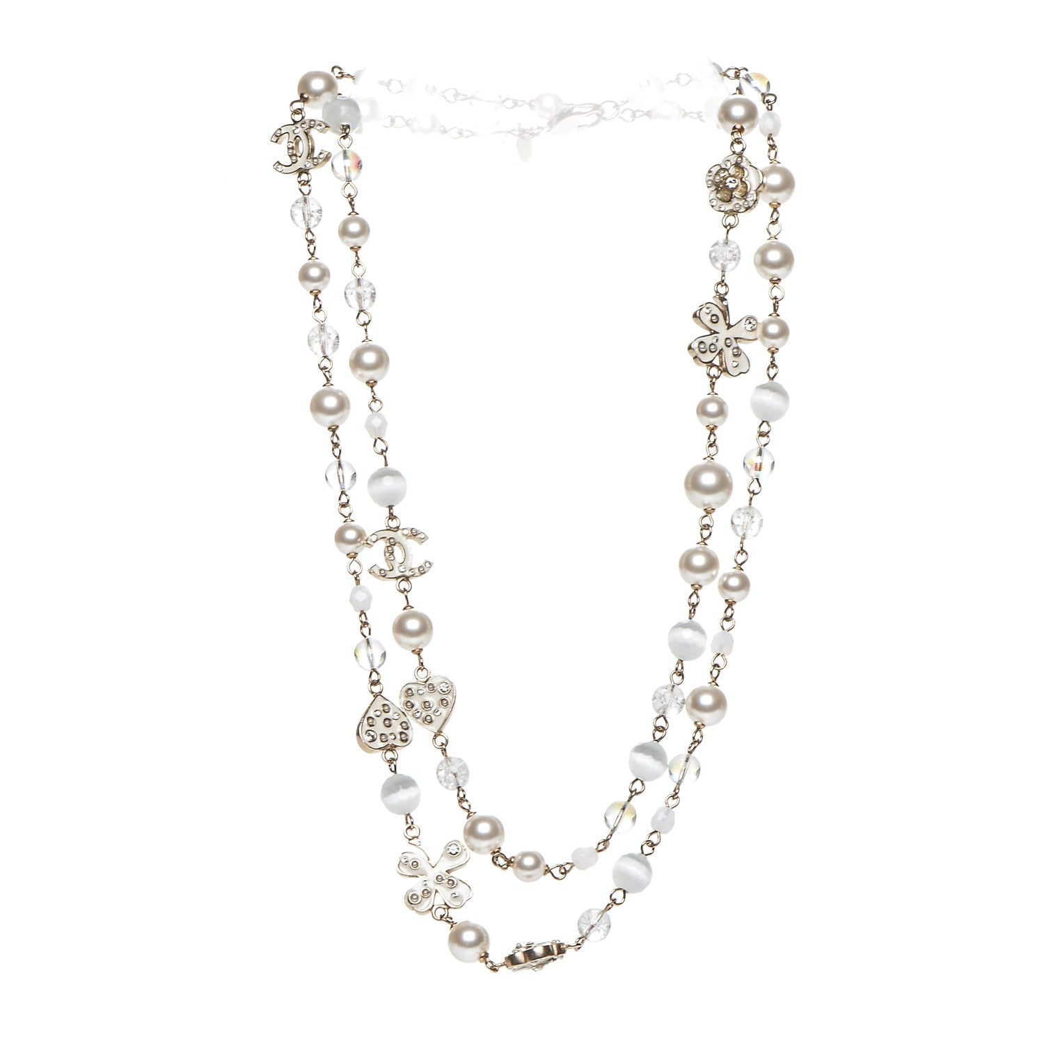 Chanel Pearl Crystal CC Beaded Lucky Charms Long Necklace Silver 4 of 6