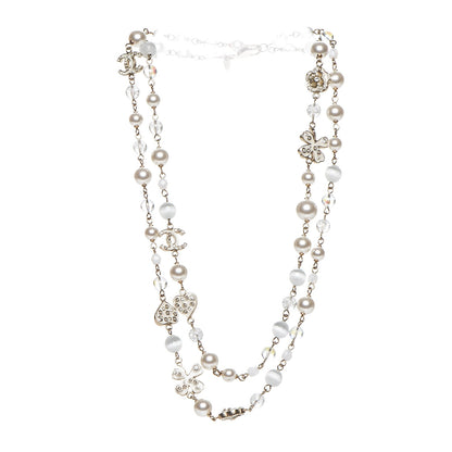 Chanel Pearl Crystal CC Beaded Lucky Charms Long Necklace Silver 4 of 6