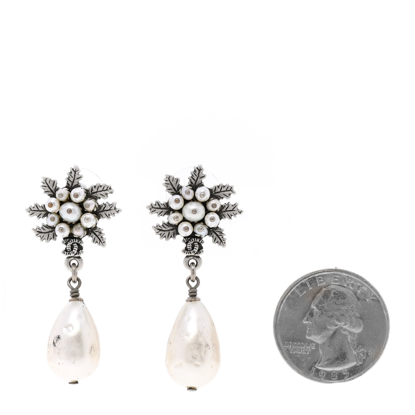 Pearl CC Leaf Drop Earrings Silver