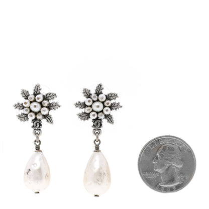 Chanel Pearl CC Leaf Drop Earrings Silver 2 of 7