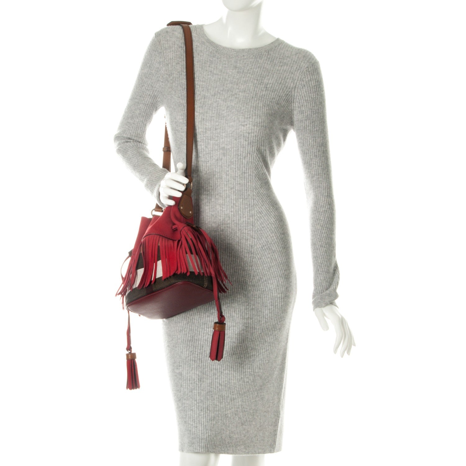 Burberry Suede Fringe Small Belgrove Bucket Bag Red 2 of 10