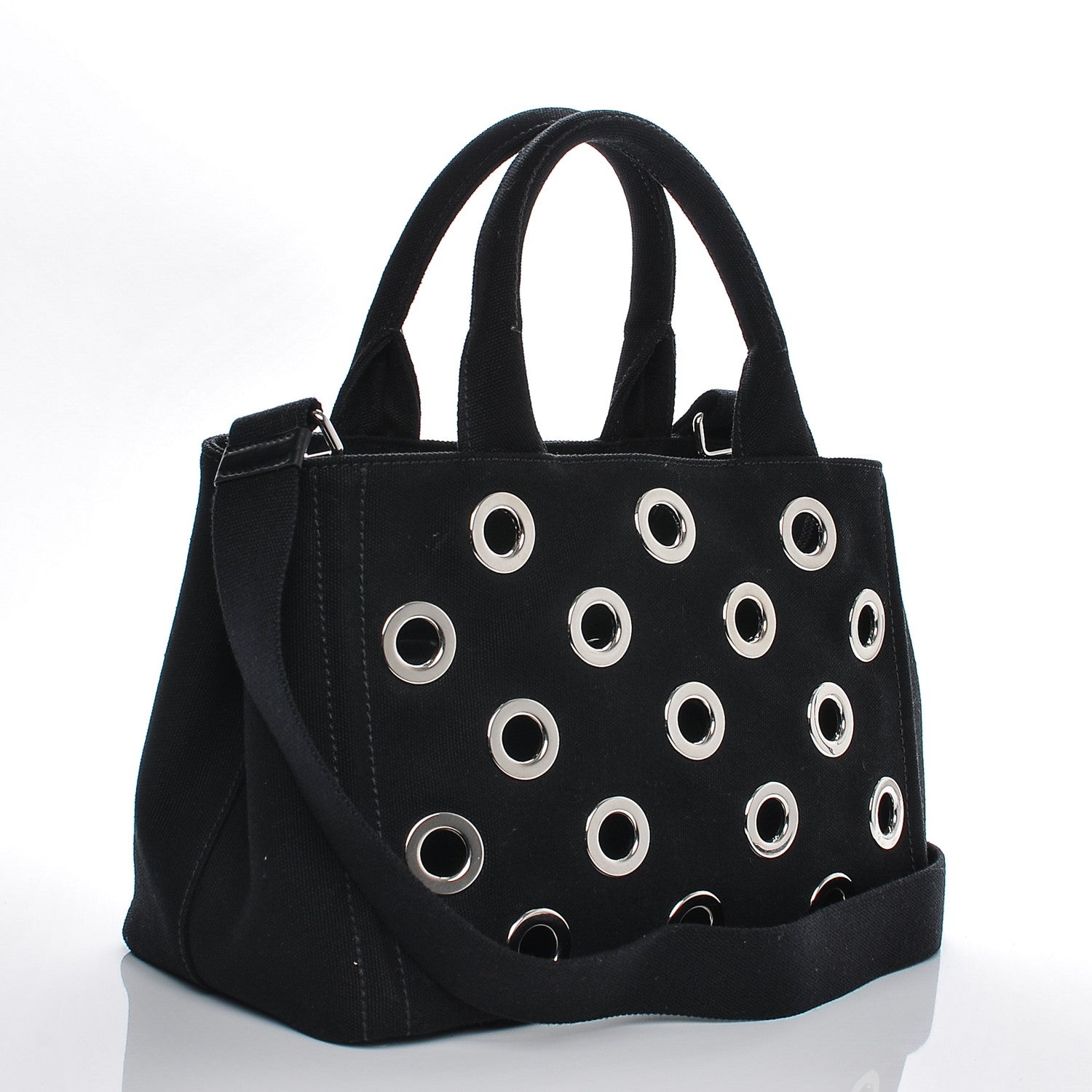 Prada Canvas Canapa Grommet Small Tote Nero Black 4 of 7
