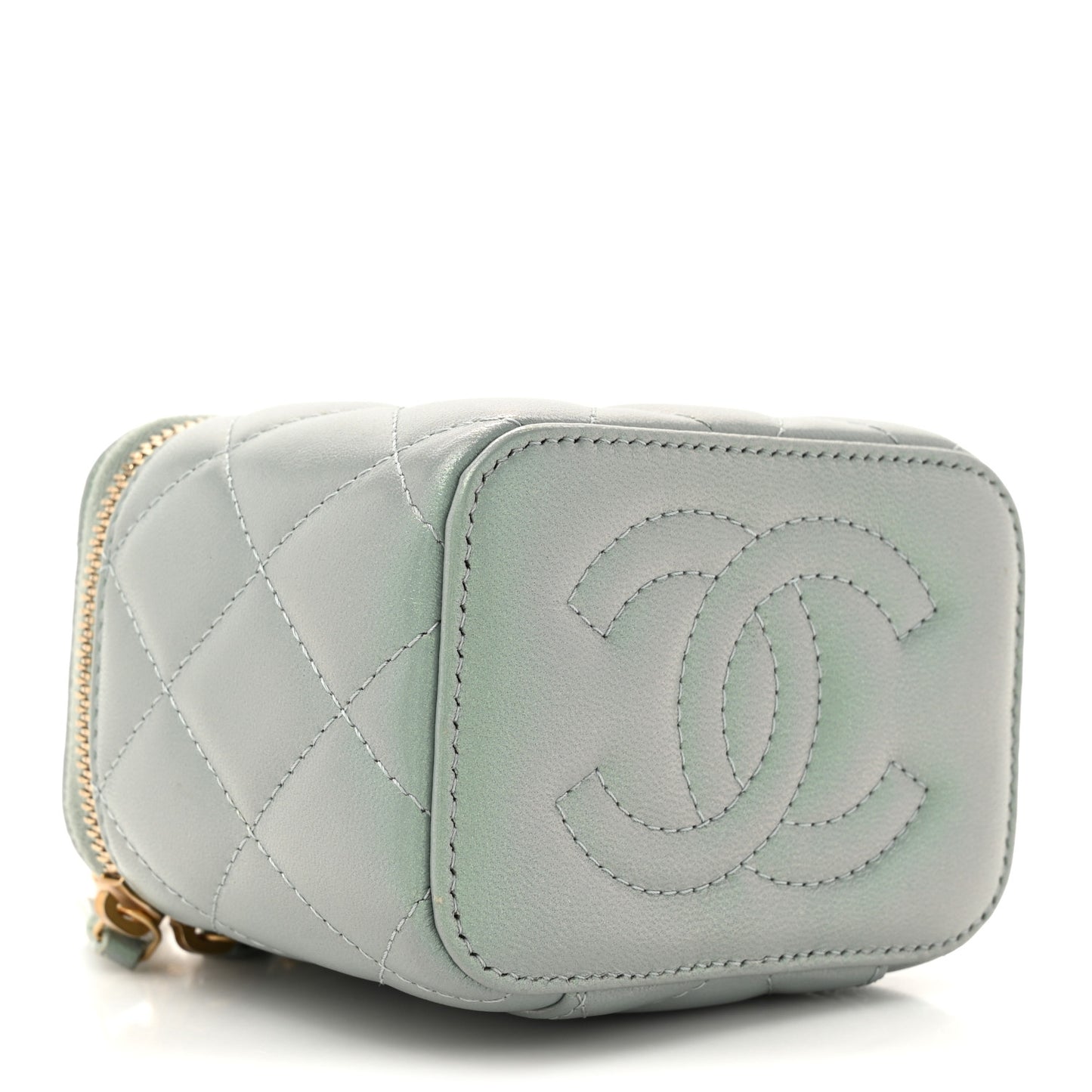 Metallic Lambskin Quilted Dynasty Mini Vanity Case With Chain Grey