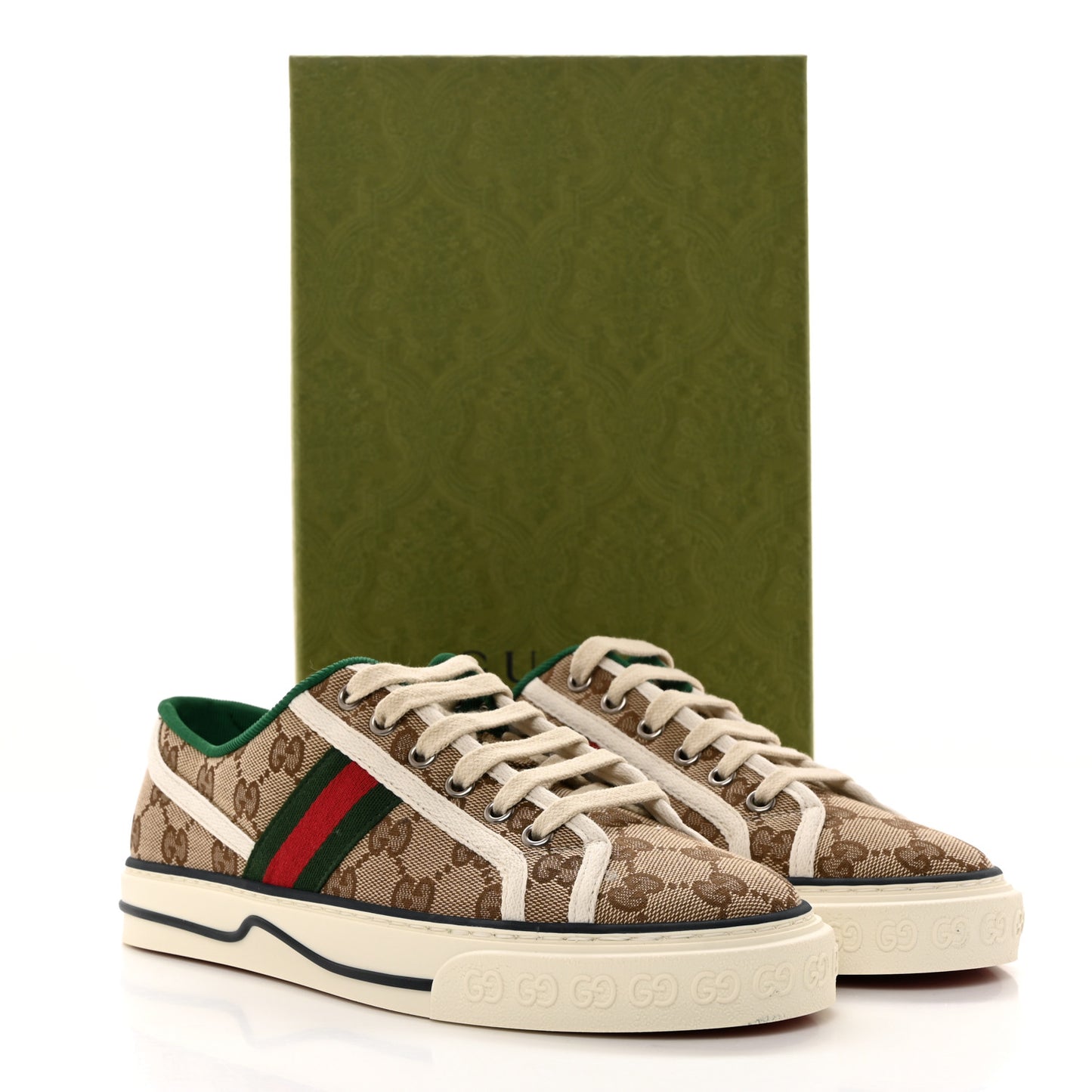 GG Monogram Web Womens 1977 Tennis Sneakers 38 Beige Ebony Mystic White