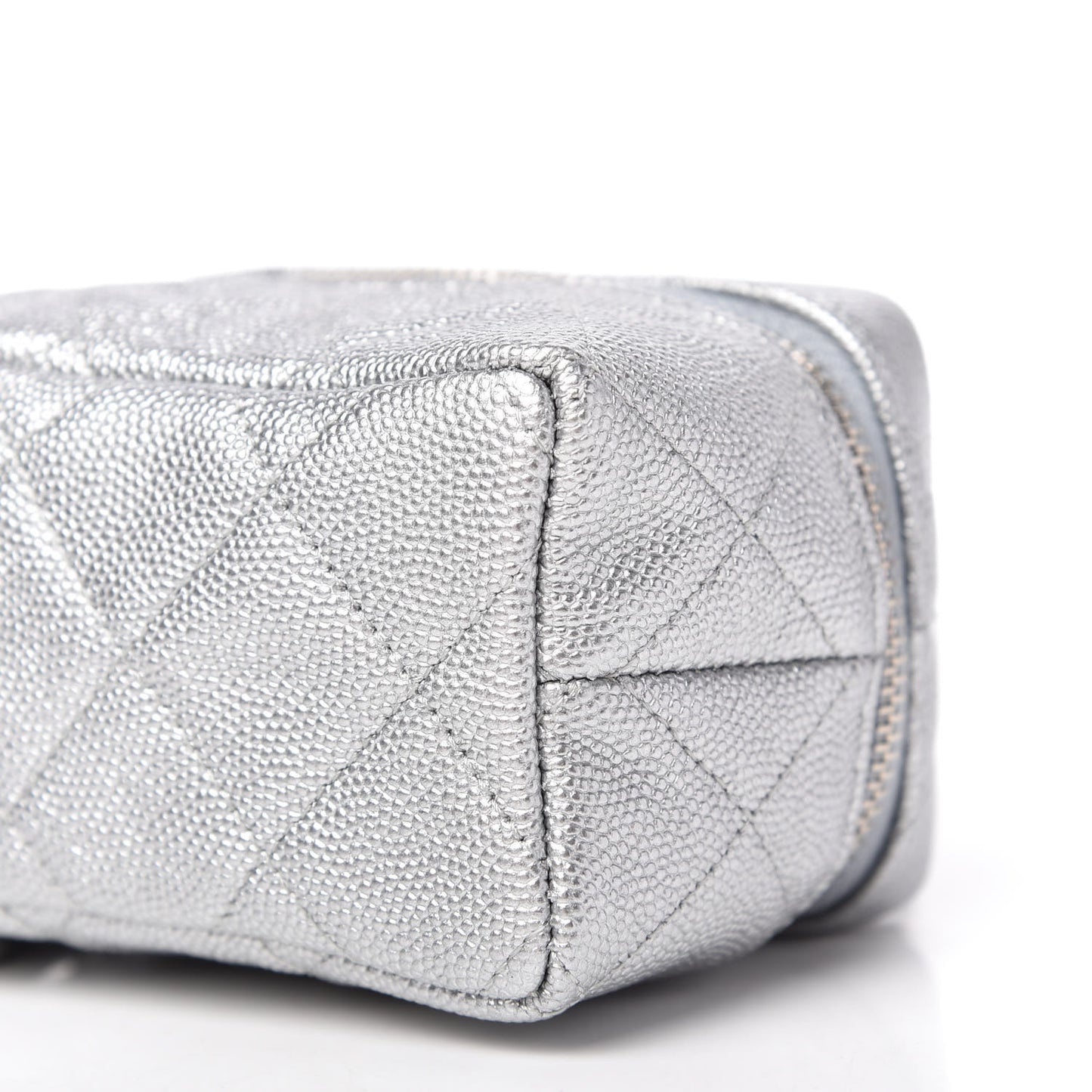 Metallic Caviar Quilted Mini Top Handle Vanity With Chain Silver
