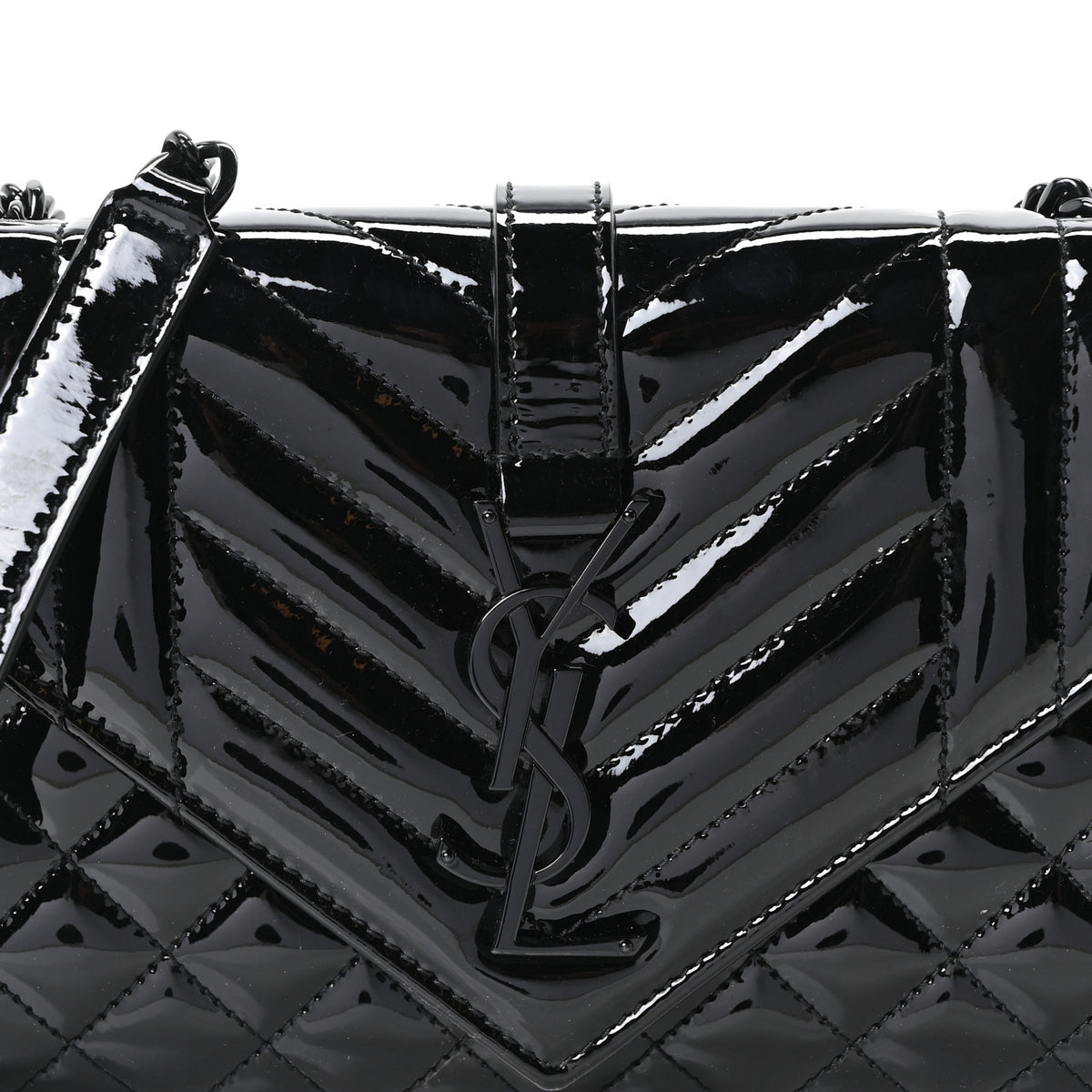 Patent Mixed Matelasse Triquilt Small Monogram Satchel Black