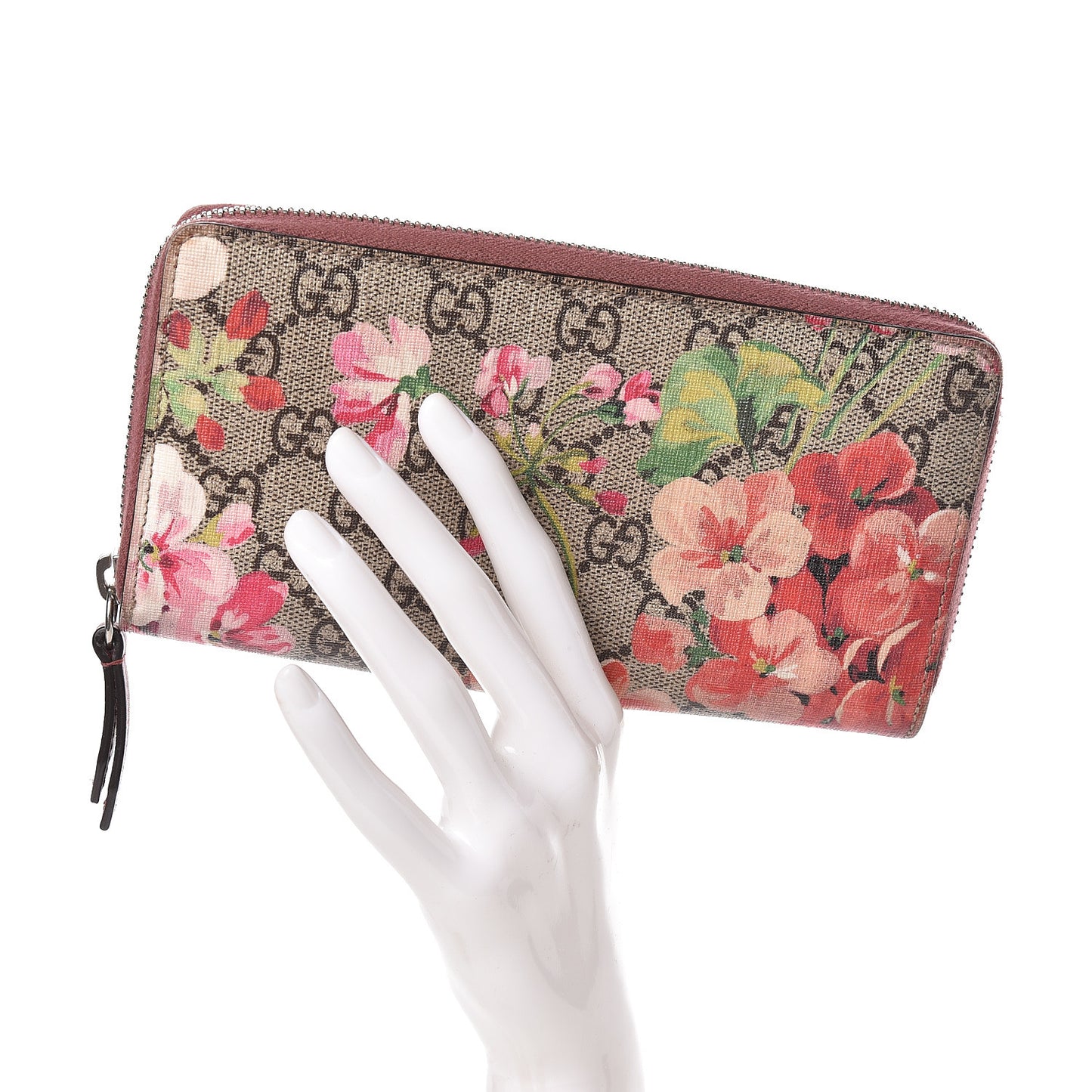 GG Supreme Monogram Blooms Zip Around Wallet Beige Multicolor Dry Rose