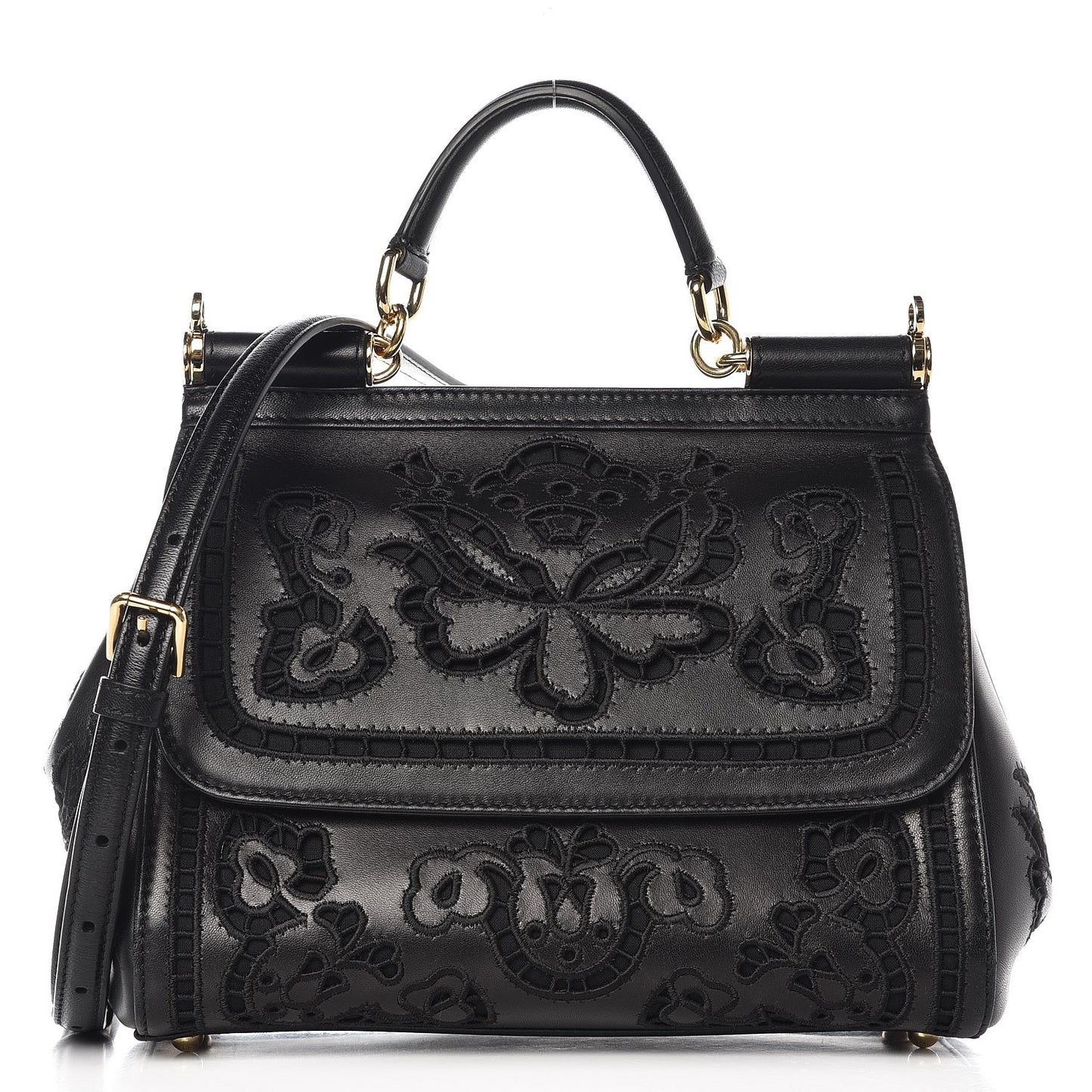 Calfskin Medium Embroidered Laser Cut Miss Sicily Satchel Black