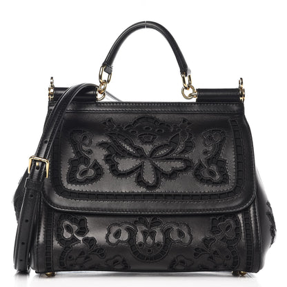 Dolce & Gabbana Calfskin Medium Embroidered Laser Cut Miss Sicily Satchel Black 1 of 8