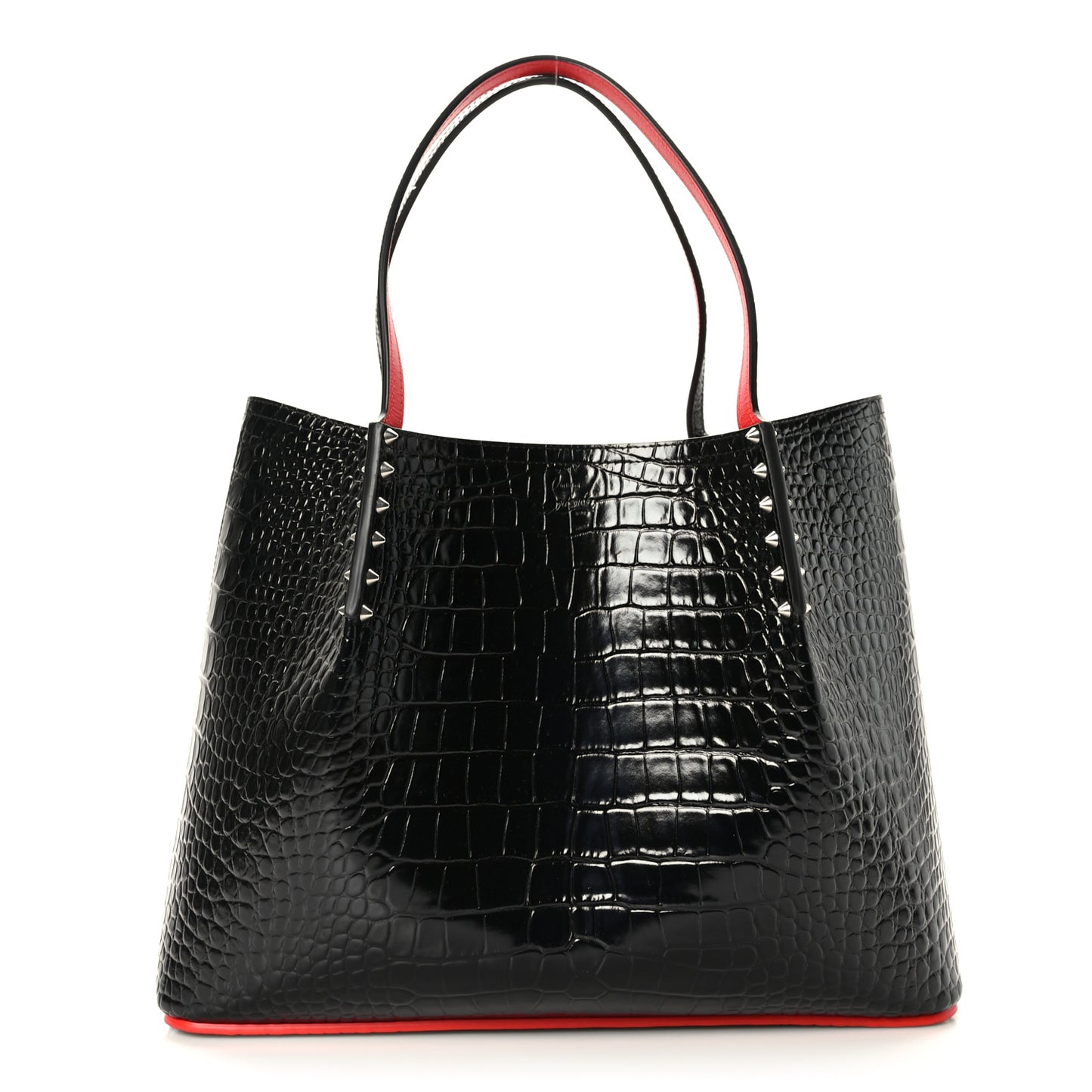 Crocodile Embossed Calfskin Spiked Small Cabarock Shopper Tote Black