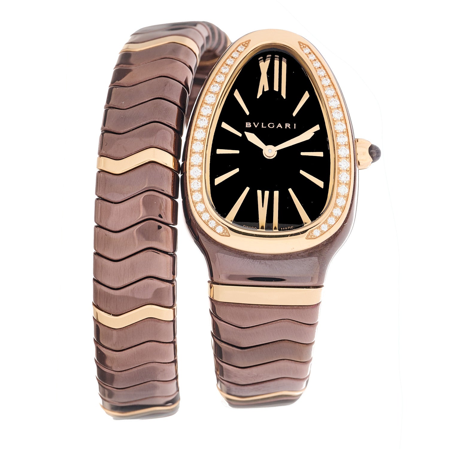 Bulgari 18K Rose Gold Ceramic Diamond Bezel 35mm Serpenti Tubogas Quartz Watch Brown 1 of 4