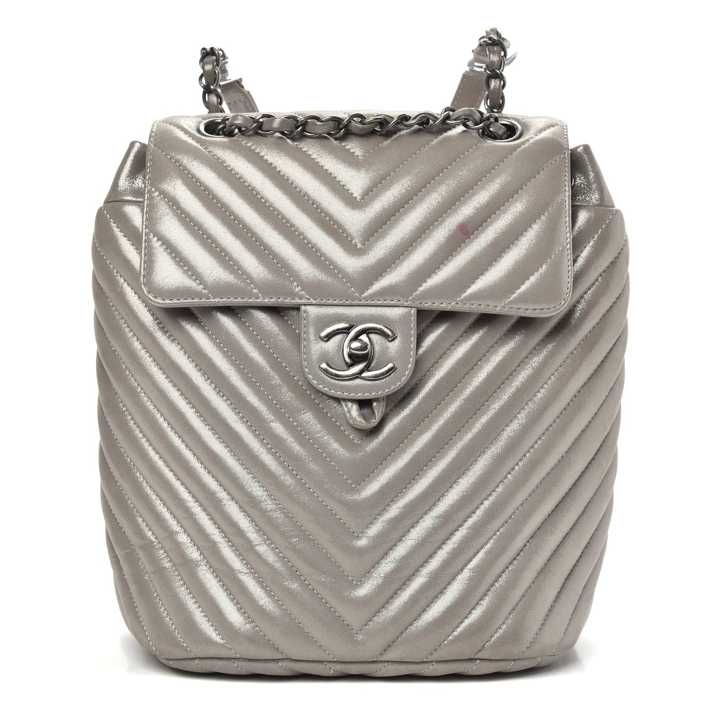 Metallic Iridescent Calfskin Chevron Quilted Small Urban Spirit Backpack Silver