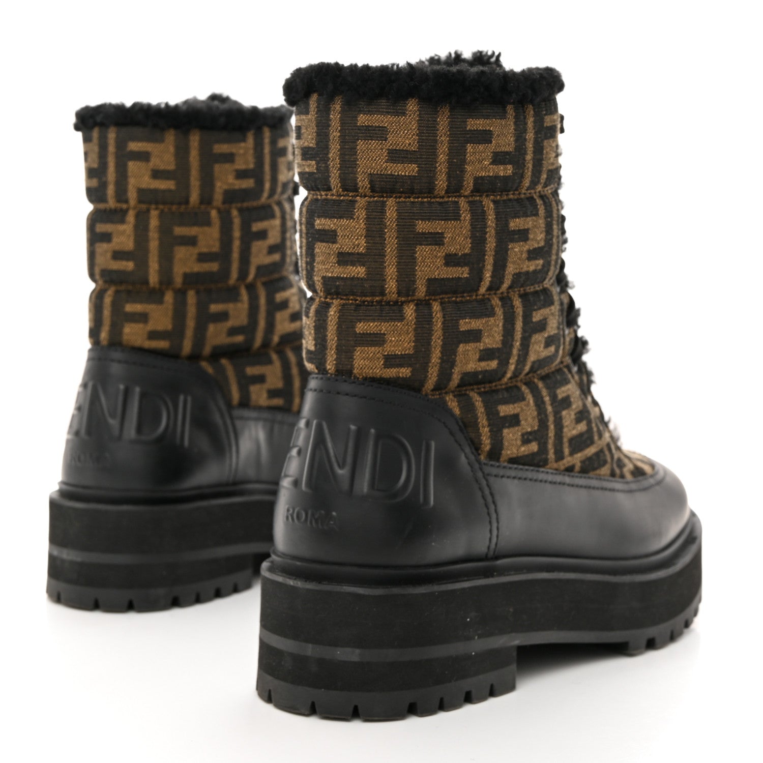 Fendi Vitello Nylon Jacquard Fabric FF Signature Biker Boots 39 Black Tobacco 4 of 8