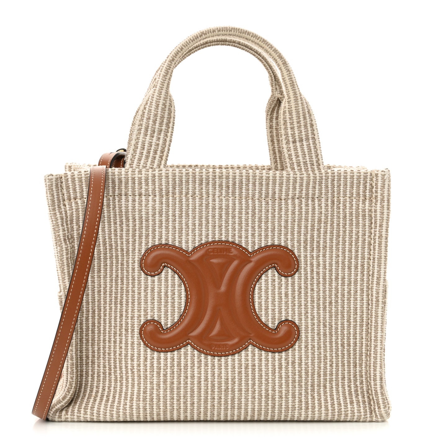 Canvas Calfskin Striped Triomphe Small Cabas Beige
