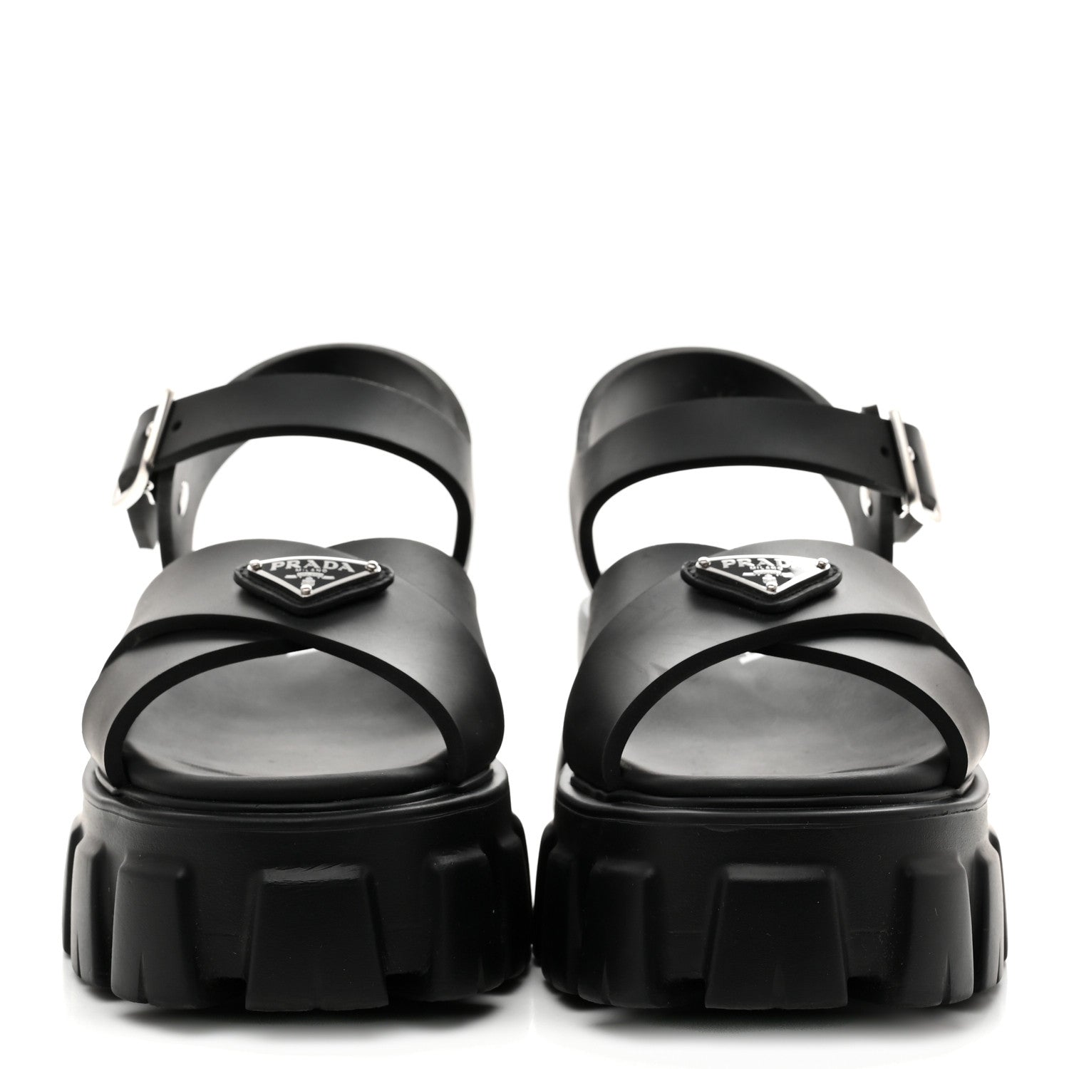 Prada Foam Rubber Metal Triangle Logo Monolith 55mm Soft Cage Sandals 37 Black 3 of 10