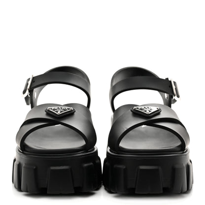 Prada Foam Rubber Metal Triangle Logo Monolith 55mm Soft Cage Sandals 37 Black 3 of 10