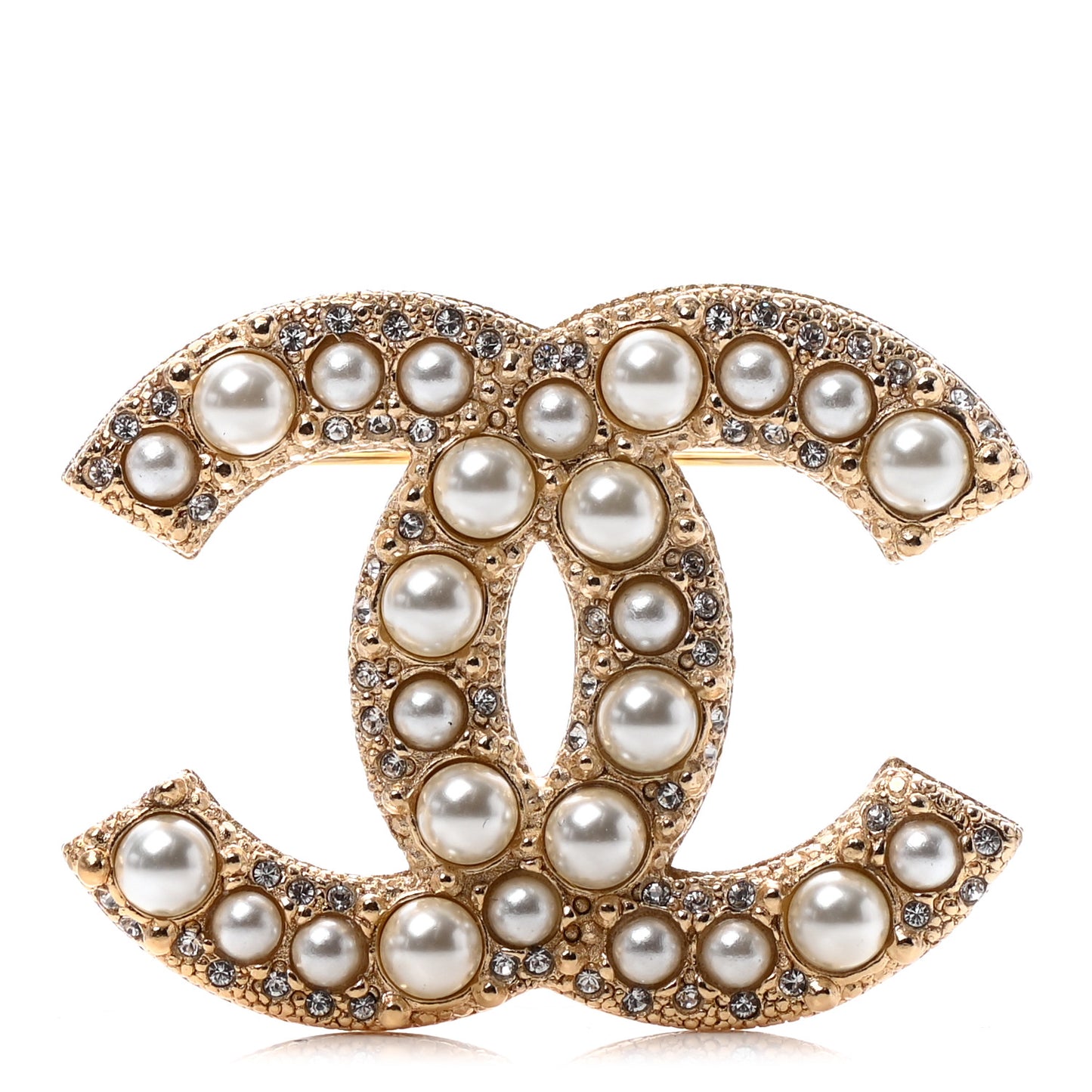 Metal Crystal Graduated Pearl CC Brooch Gold