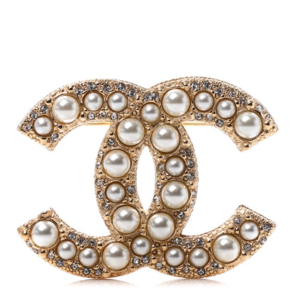 Chanel Pearl Crystal CC Brooch Gold 1 of 4