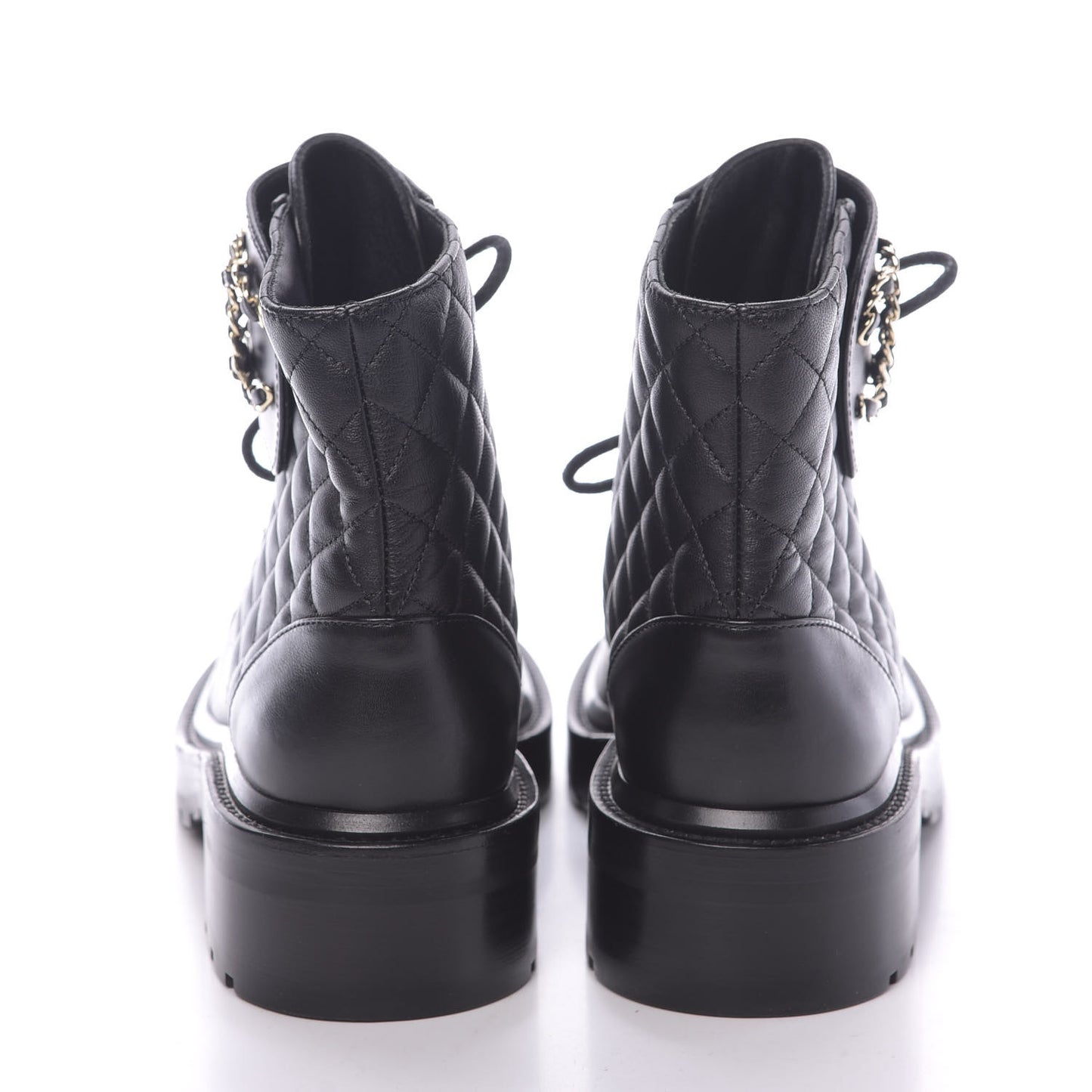 Shiny Lambskin Quilted Lace Up Combat Boots 37.5 Black