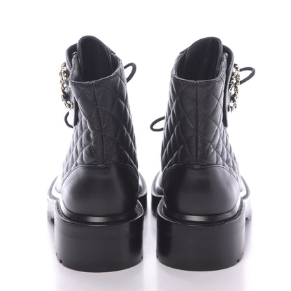 Chanel Shiny Lambskin Quilted Lace Up Combat Boots 37.5 Black 7 of 8
