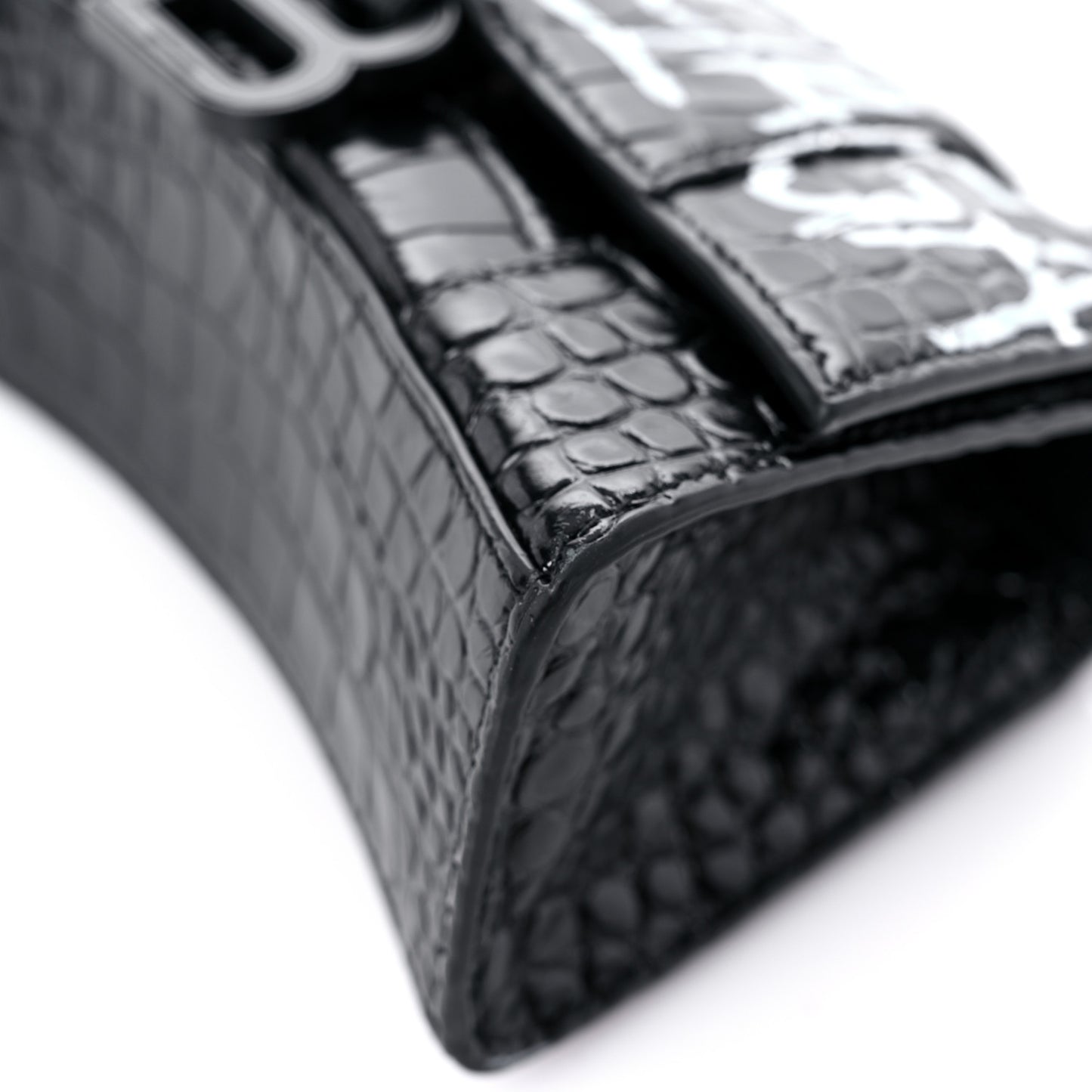 Calfskin Graffiti Logo Monochrome Crocodile Embossed Hourglass Top Handle Bag XS Black