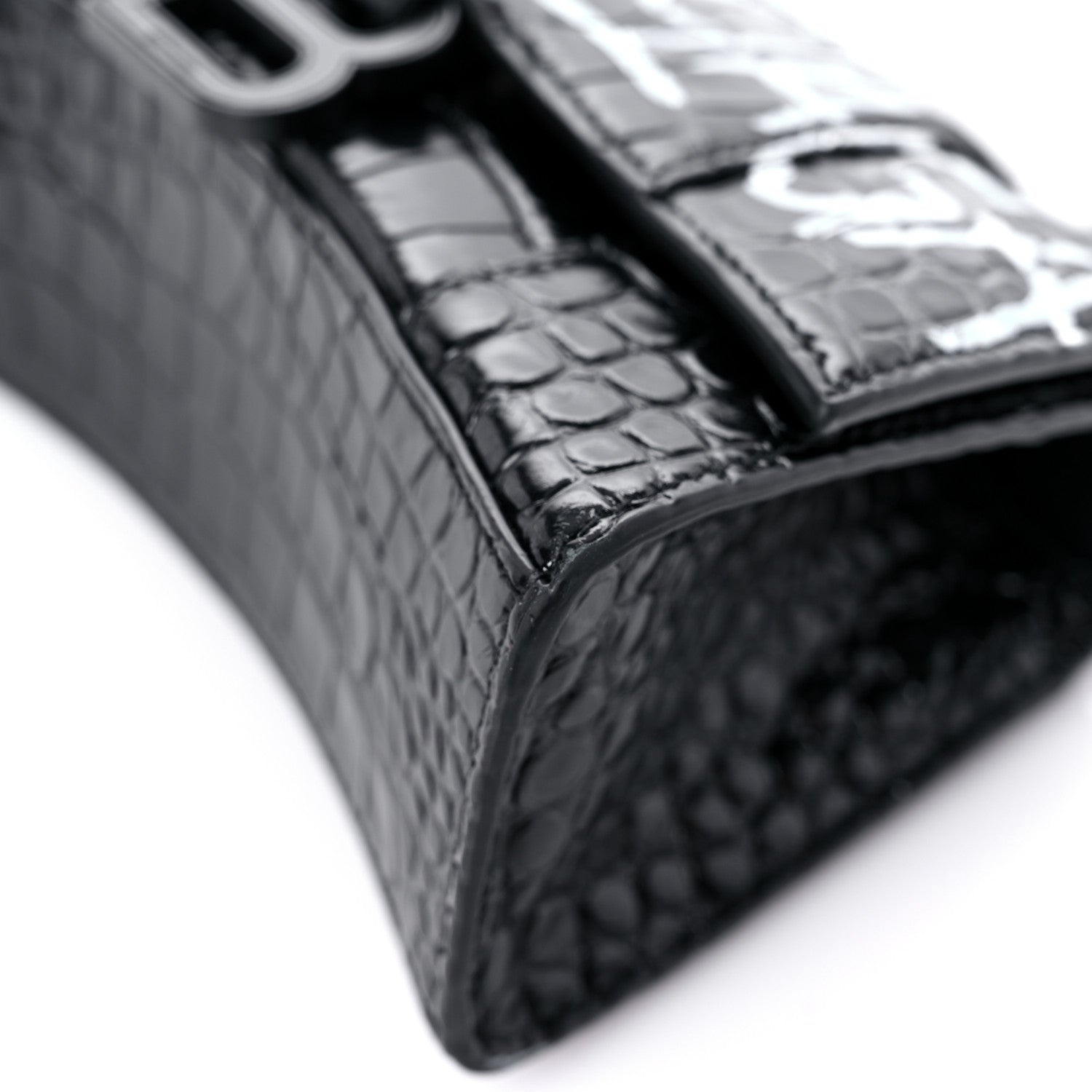 Balenciaga Calfskin Graffiti Logo Monochrome Crocodile Embossed Hourglass Top Handle Bag XS Black 8 of 16